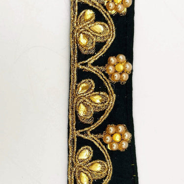 Black Silk Fabric Lace Trim Floral Embroidery & Indian Stones Kundan Embellishment, Decorative Sari Trim, Floral Border Trim By Yard